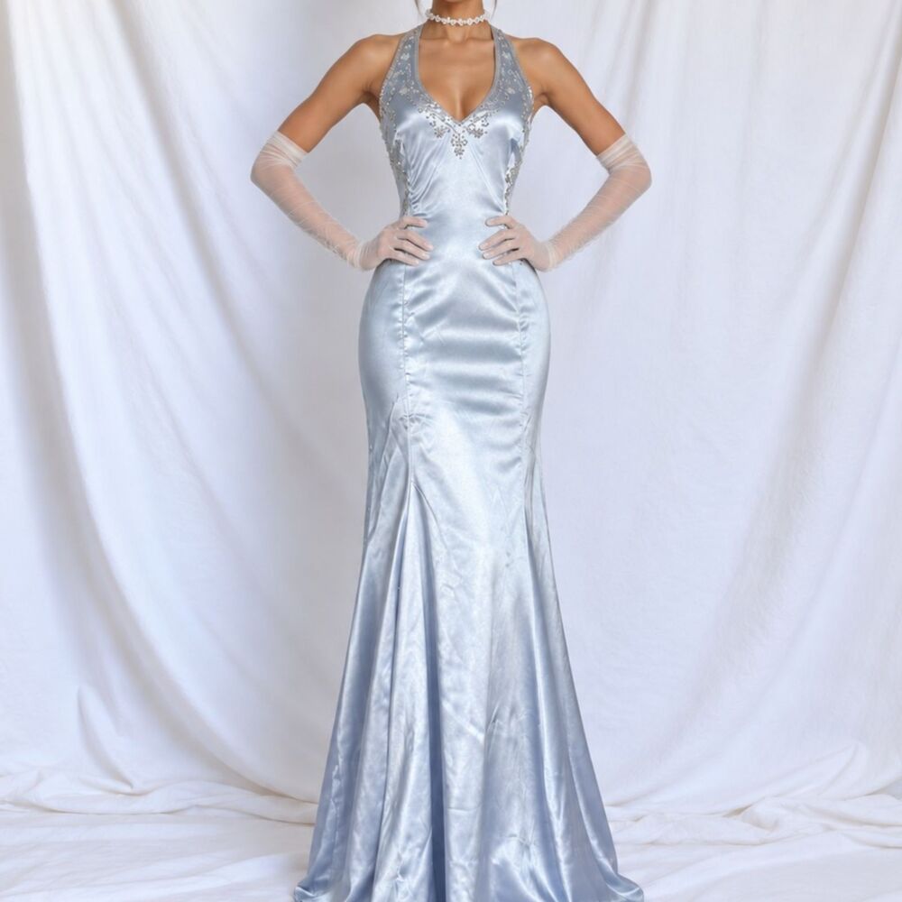 Vintage Y2K Pastel Blue Satin Halter Beaded Fit Flared Maxi Prom Dress Size M/L